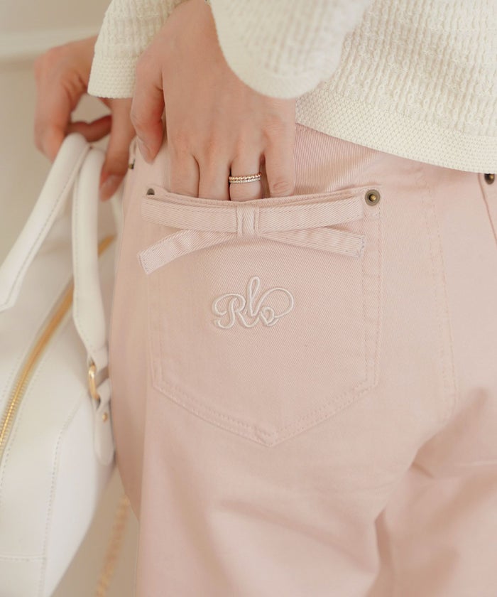 レディース/ボトムス/パンツ/デニムパンツ/ウエスト調整/ゴム/伸縮性/ストレッチ/刺繍/リボン/ライトブルー/ピンク/インディゴ/ネイビー/トレンド/ポケット/フルレングス/カジュアル/フェミニン/エレガント/上品/ママ/公園/夏/春/秋/冬/オールシーズン/かわいい