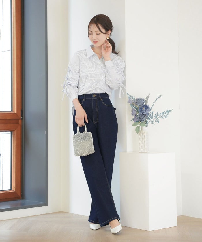 レディース/ボトムス/パンツ/デニムパンツ/ウエスト調整/ゴム/伸縮性/ストレッチ/刺繍/リボン/ライトブルー/ピンク/インディゴ/ネイビー/トレンド/ポケット/フルレングス/カジュアル/フェミニン/エレガント/上品/ママ/公園/夏/春/秋/冬/オールシーズン/かわいい