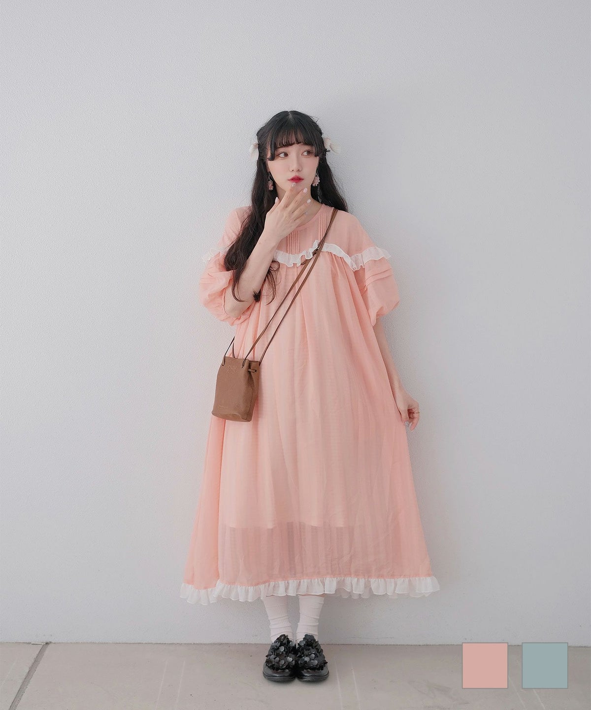 ギンガムチェック  ロング シアー フリル  ピンクベージュ ブルーグリーン M ギンガムチェック ワンピース miolite