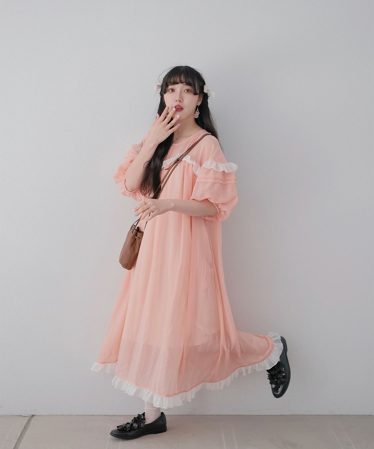 ギンガムチェック  ロング シアー フリル  ピンクベージュ/ブルーグリーン/M