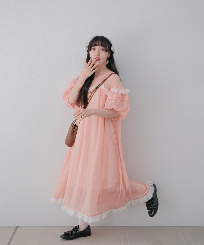 ギンガムチェック  ロング シアー フリル  ピンクベージュ/ブルーグリーン/M