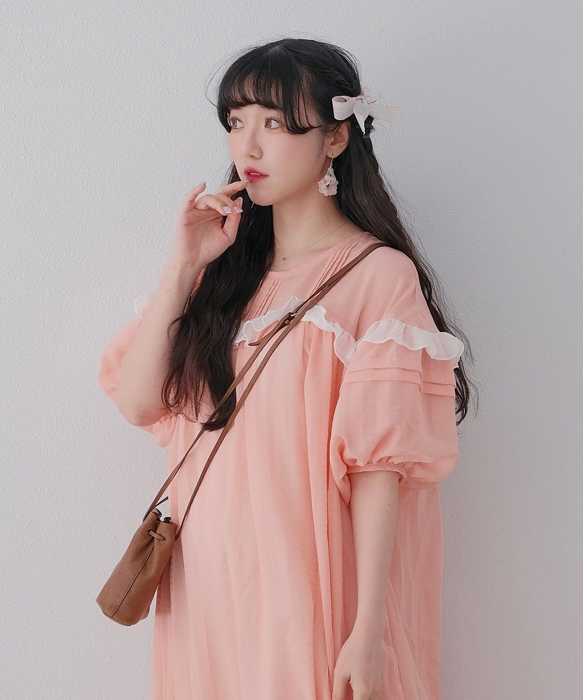 ギンガムチェック  ロング シアー フリル  ピンクベージュ/ブルーグリーン/M