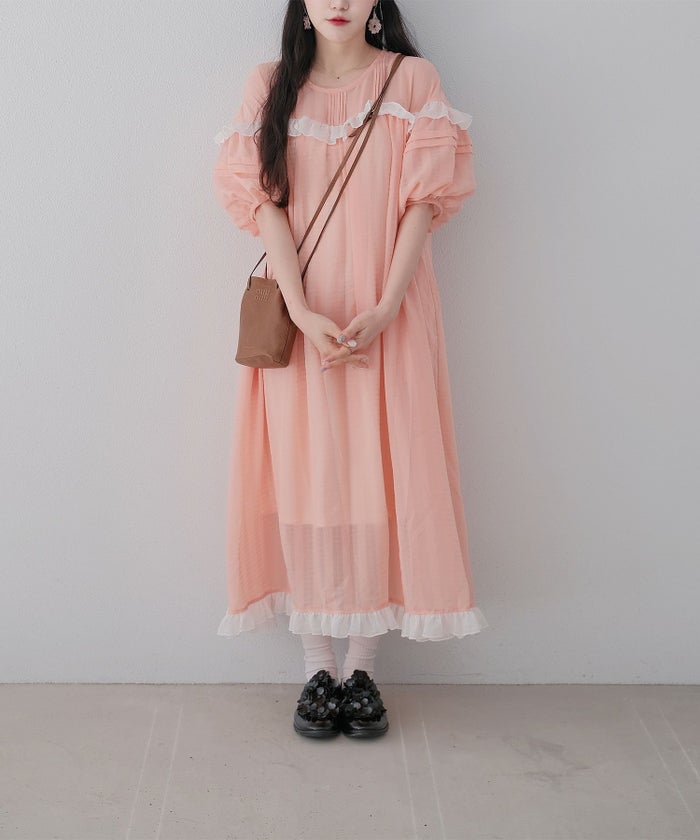 ギンガムチェック  ロング シアー フリル  ピンクベージュ/ブルーグリーン/M