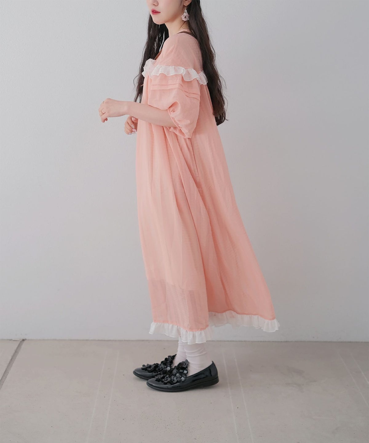 ギンガムチェック  ロング シアー フリル  ピンクベージュ/ブルーグリーン/M