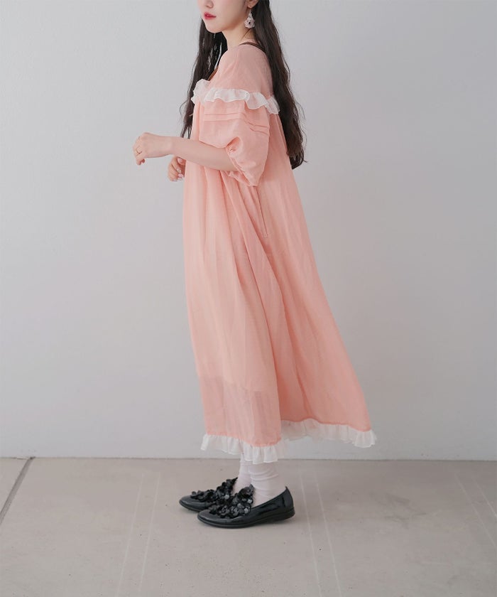 ギンガムチェック  ロング シアー フリル  ピンクベージュ/ブルーグリーン/M