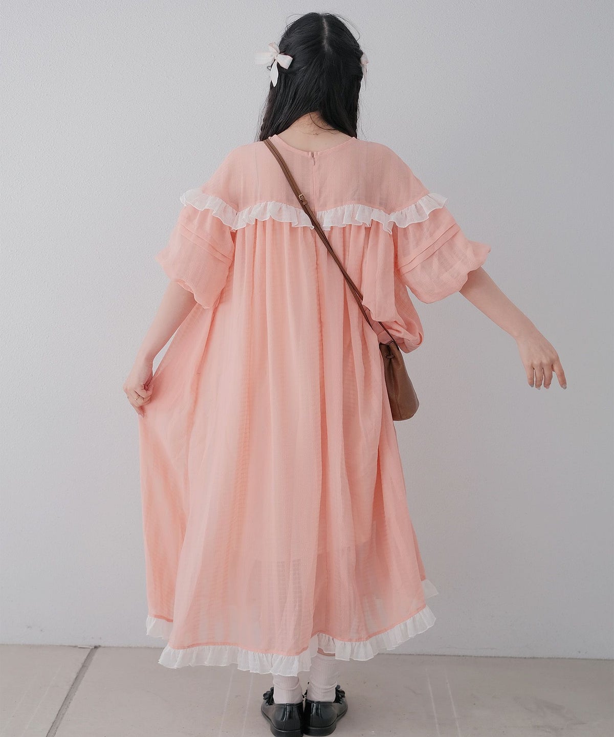 ギンガムチェック  ロング シアー フリル  ピンクベージュ/ブルーグリーン/M