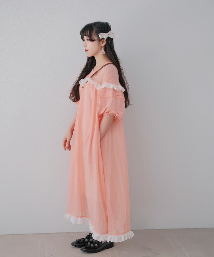 ギンガムチェック  ロング シアー フリル  ピンクベージュ/ブルーグリーン/M