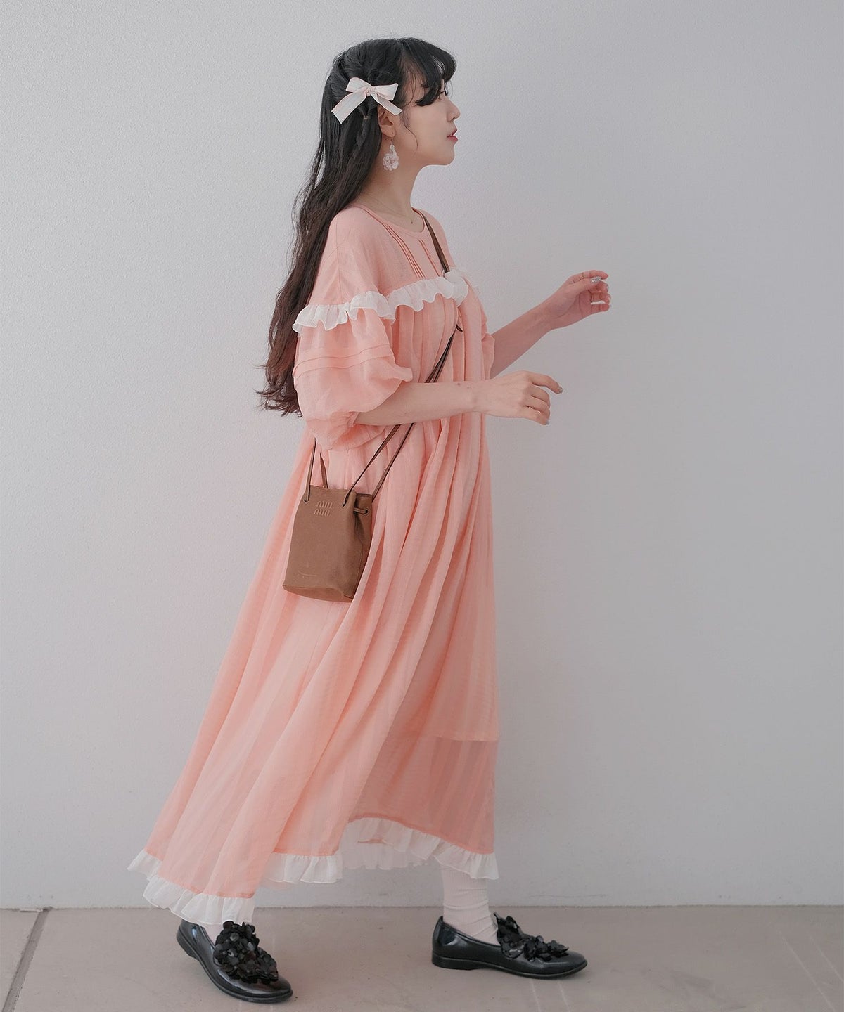 ギンガムチェック  ロング シアー フリル  ピンクベージュ/ブルーグリーン/M