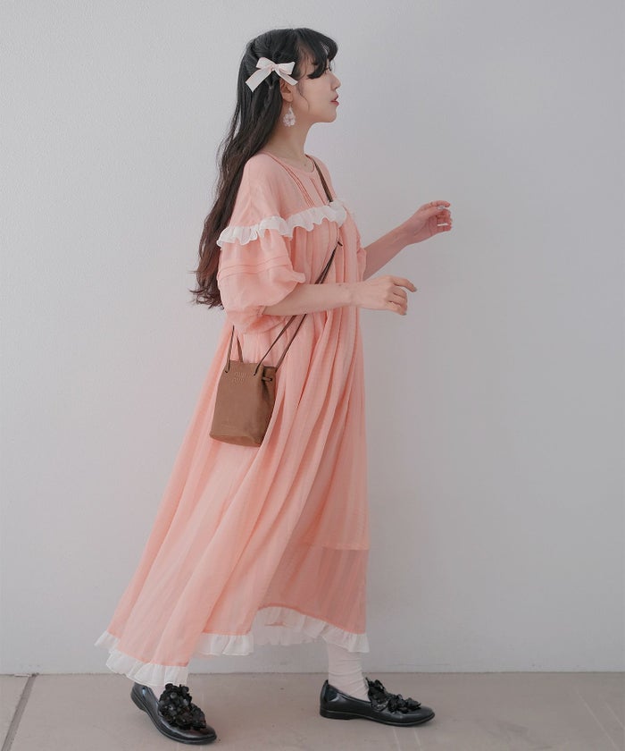 ギンガムチェック  ロング シアー フリル  ピンクベージュ/ブルーグリーン/M