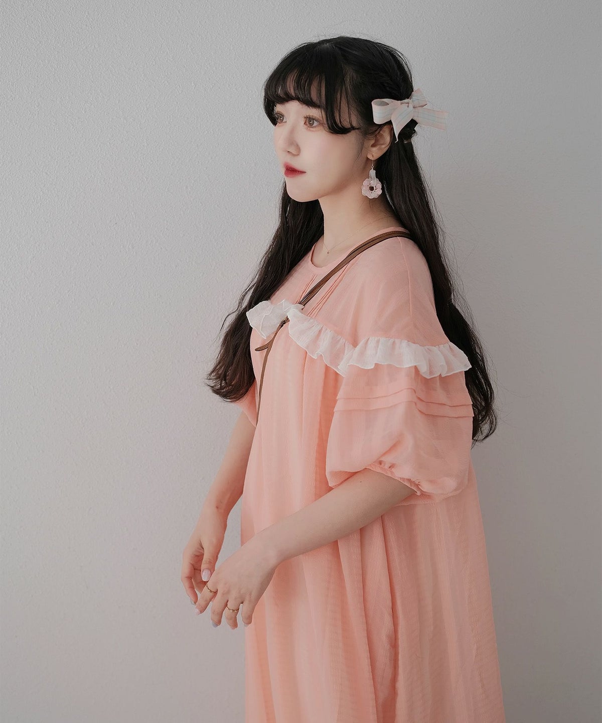 ギンガムチェック  ロング シアー フリル  ピンクベージュ/ブルーグリーン/M