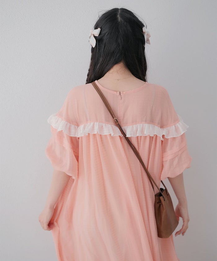 ギンガムチェック  ロング シアー フリル  ピンクベージュ/ブルーグリーン/M