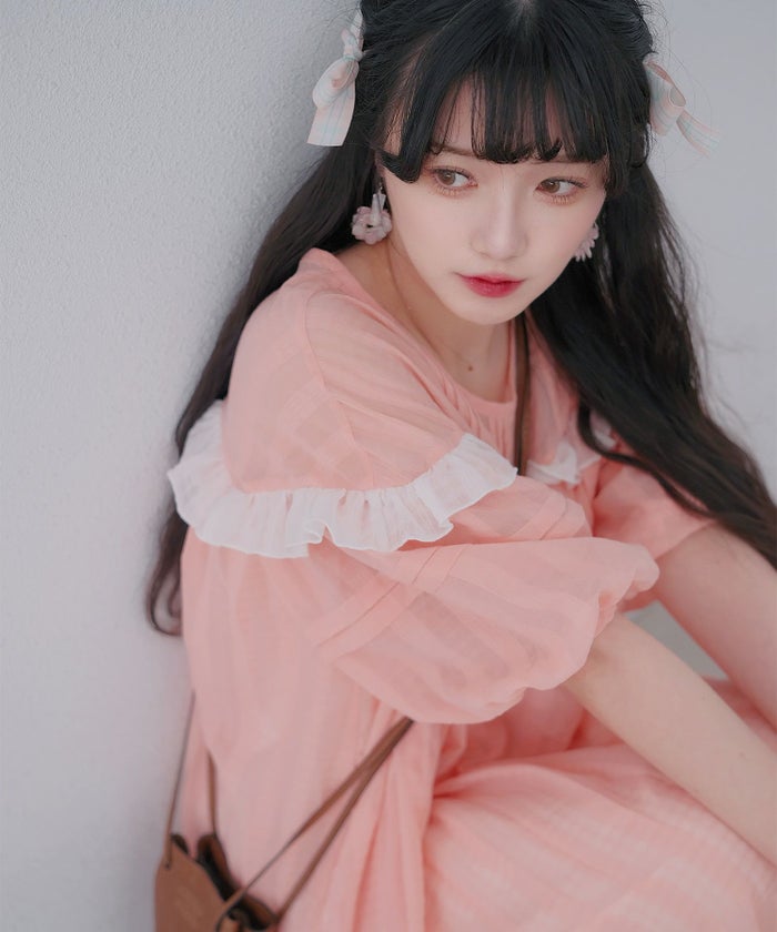 ギンガムチェック  ロング シアー フリル  ピンクベージュ/ブルーグリーン/M