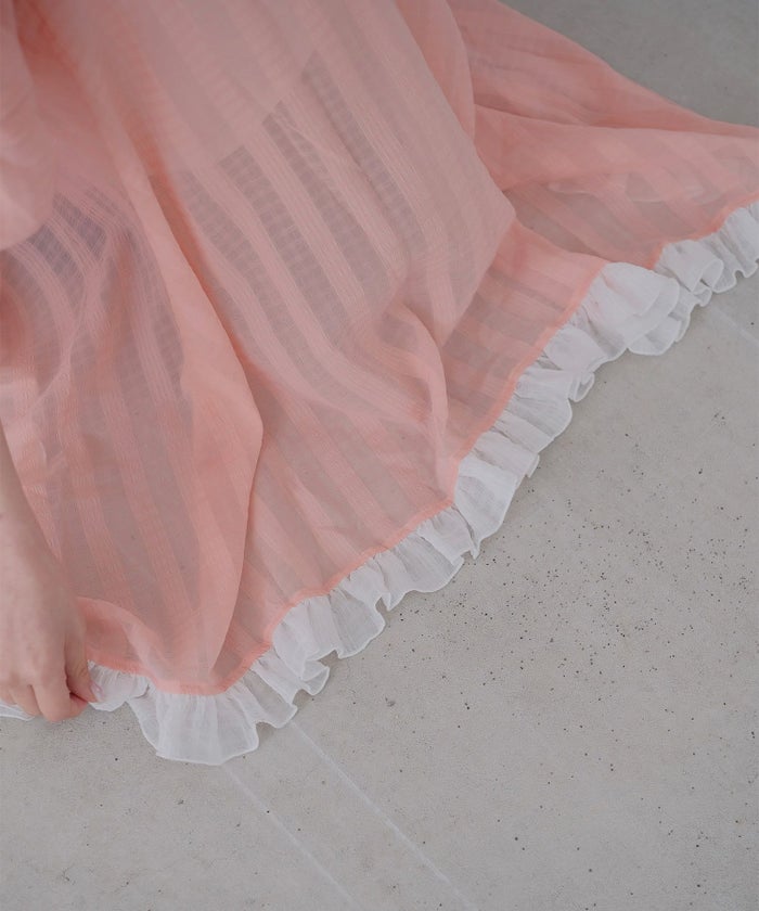 ギンガムチェック  ロング シアー フリル  ピンクベージュ/ブルーグリーン/M