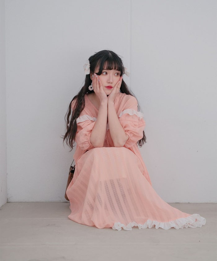 ギンガムチェック  ロング シアー フリル  ピンクベージュ/ブルーグリーン/M