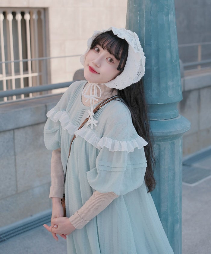 ギンガムチェック  ロング シアー フリル  ピンクベージュ/ブルーグリーン/M