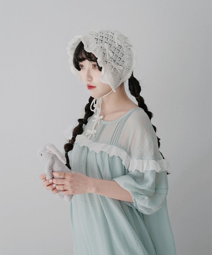 ギンガムチェック  ロング シアー フリル  ピンクベージュ/ブルーグリーン/M