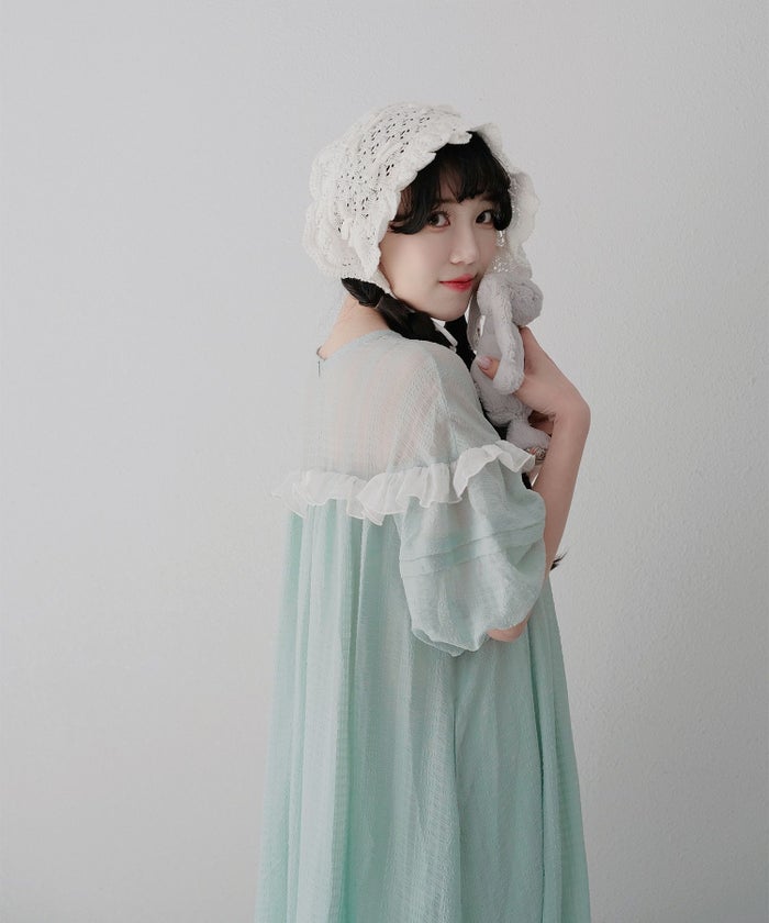 ギンガムチェック  ロング シアー フリル  ピンクベージュ/ブルーグリーン/M