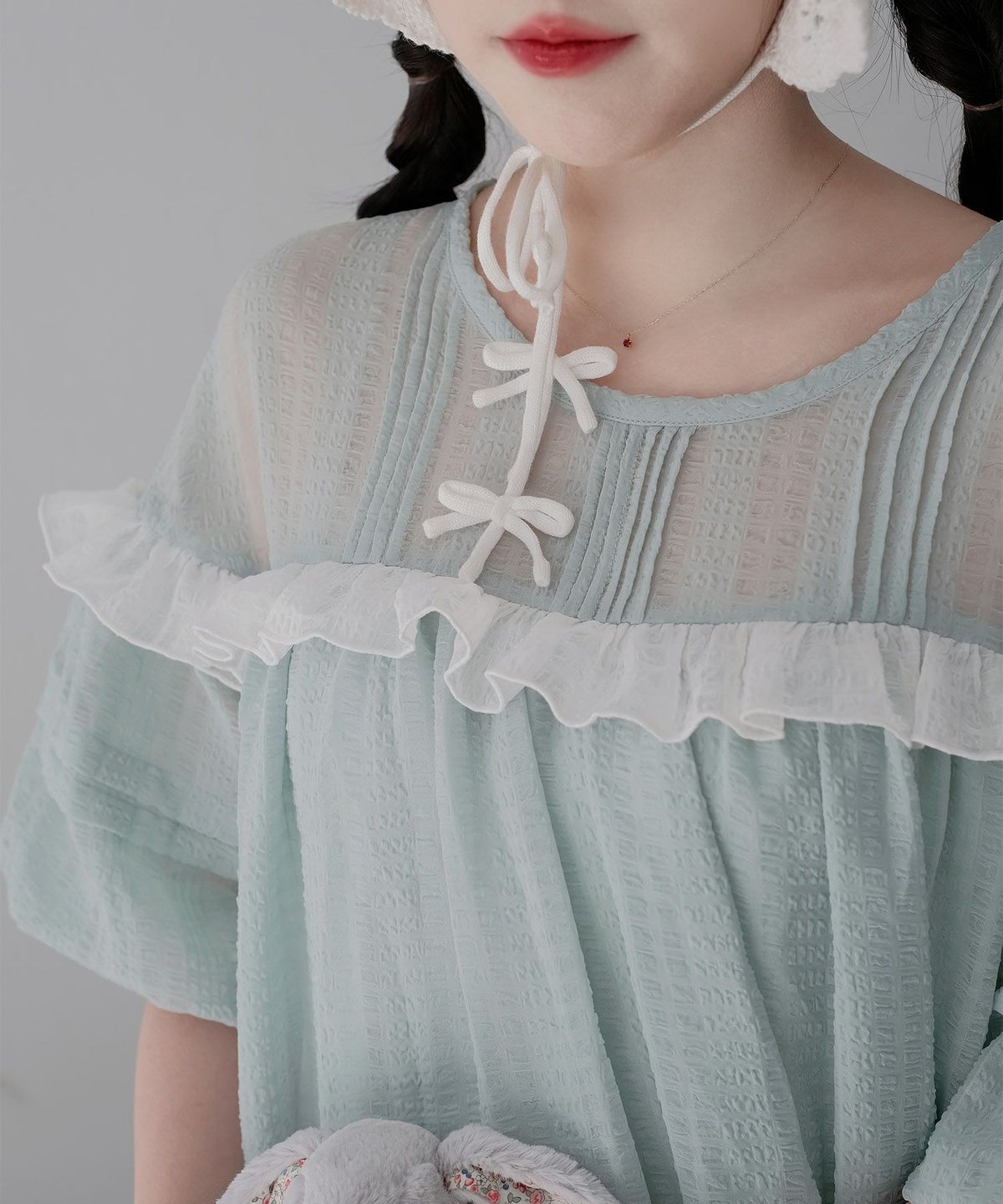 ギンガムチェック  ロング シアー フリル  ピンクベージュ/ブルーグリーン/M