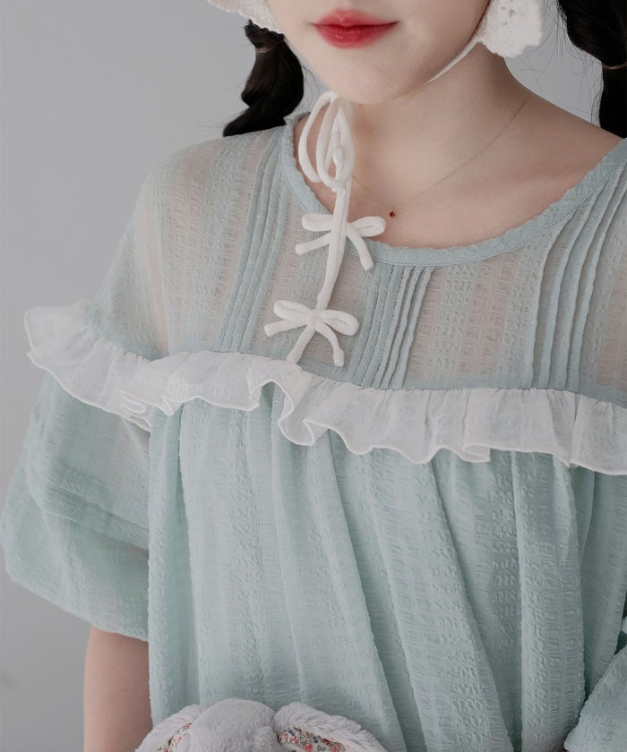 ギンガムチェック  ロング シアー フリル  ピンクベージュ/ブルーグリーン/M