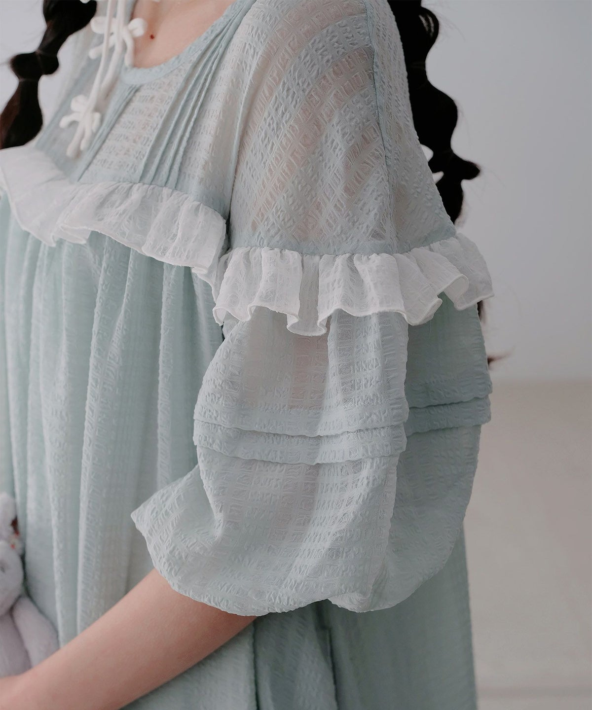 ギンガムチェック  ロング シアー フリル  ピンクベージュ/ブルーグリーン/M