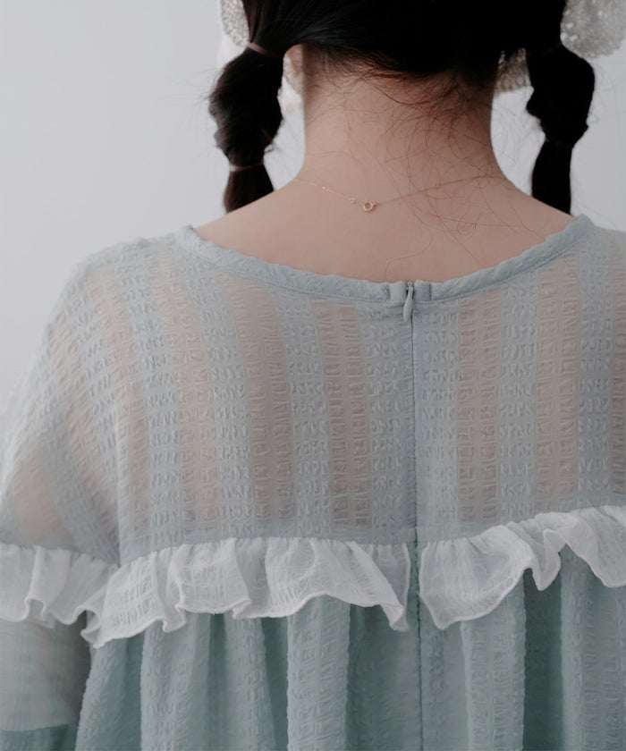 ギンガムチェック  ロング シアー フリル  ピンクベージュ/ブルーグリーン/M