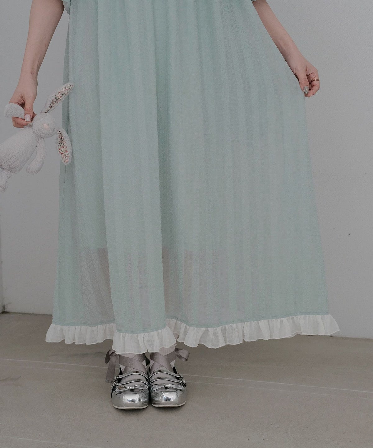 ギンガムチェック  ロング シアー フリル  ピンクベージュ/ブルーグリーン/M