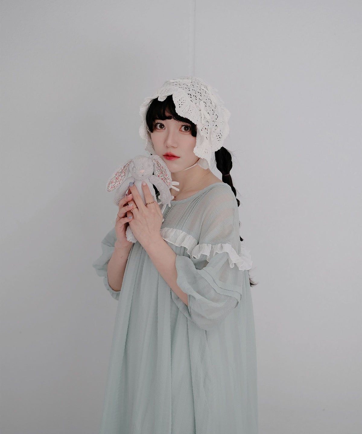 ギンガムチェック  ロング シアー フリル  ピンクベージュ/ブルーグリーン/M