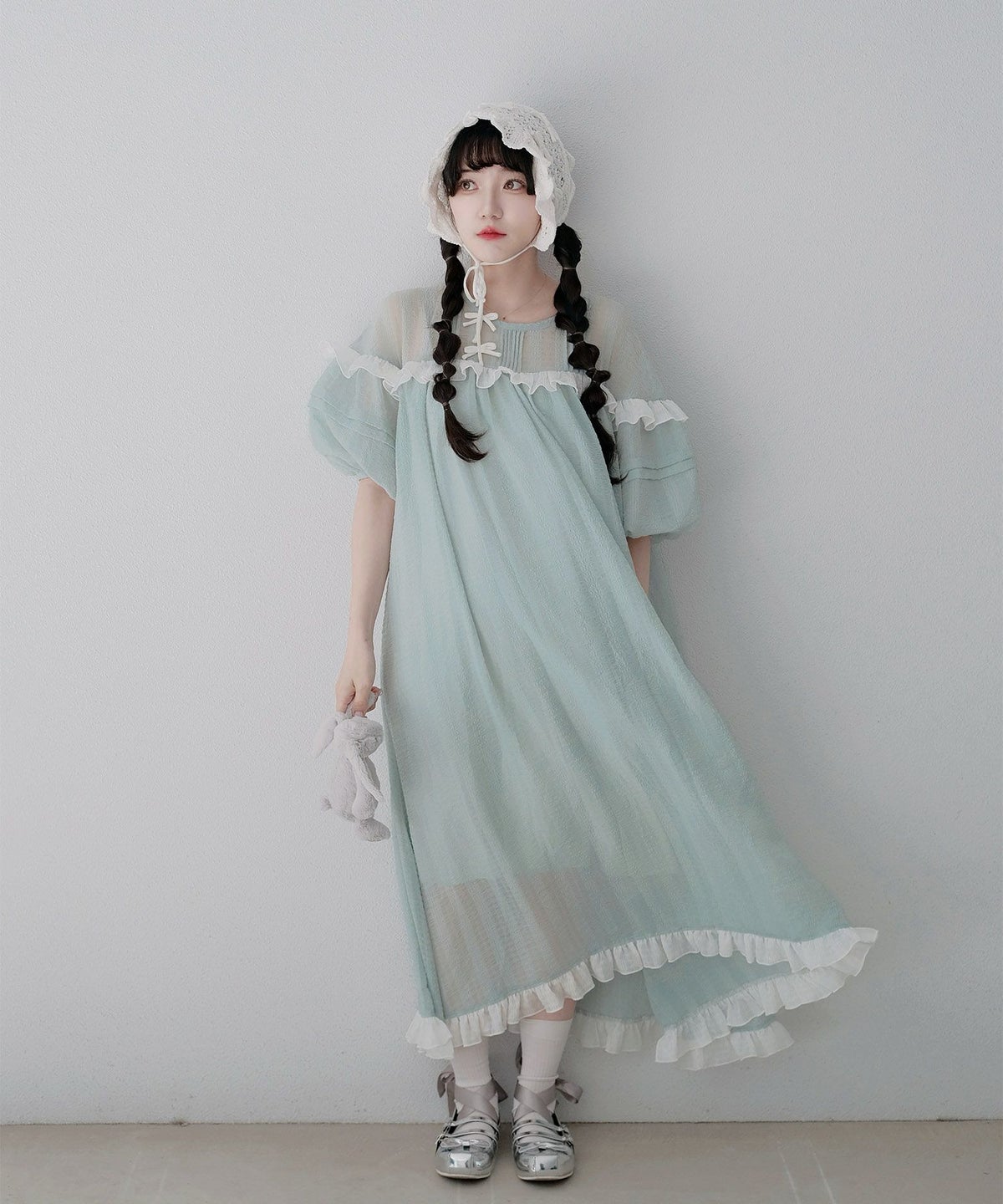 ギンガムチェック  ロング シアー フリル  ピンクベージュ/ブルーグリーン/M