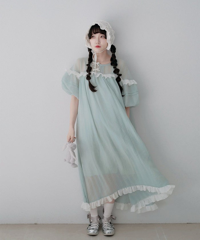 ギンガムチェック  ロング シアー フリル  ピンクベージュ/ブルーグリーン/M