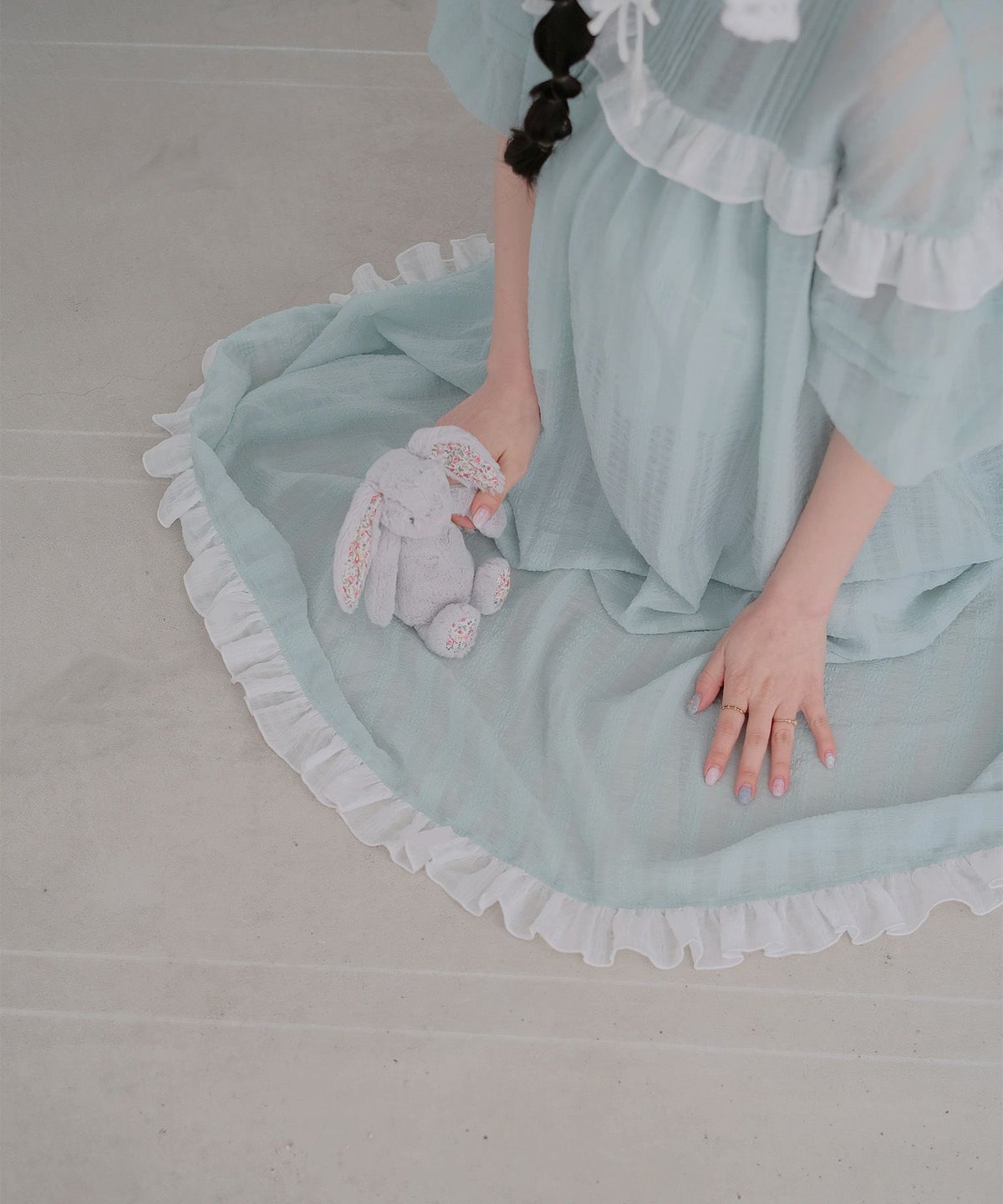 ギンガムチェック  ロング シアー フリル  ピンクベージュ/ブルーグリーン/M