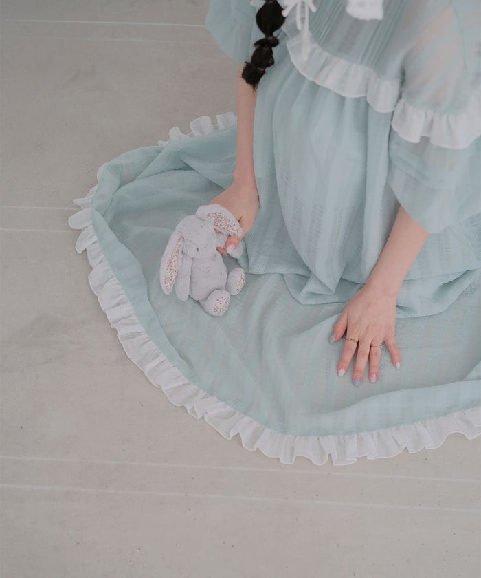 ギンガムチェック  ロング シアー フリル  ピンクベージュ/ブルーグリーン/M