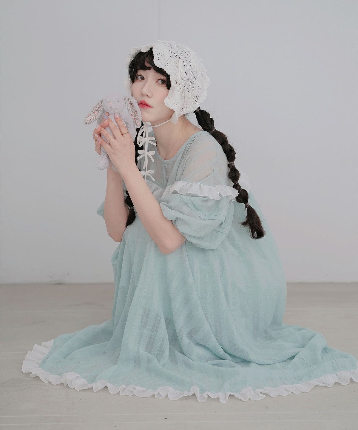 ギンガムチェック  ロング シアー フリル  ピンクベージュ/ブルーグリーン/M