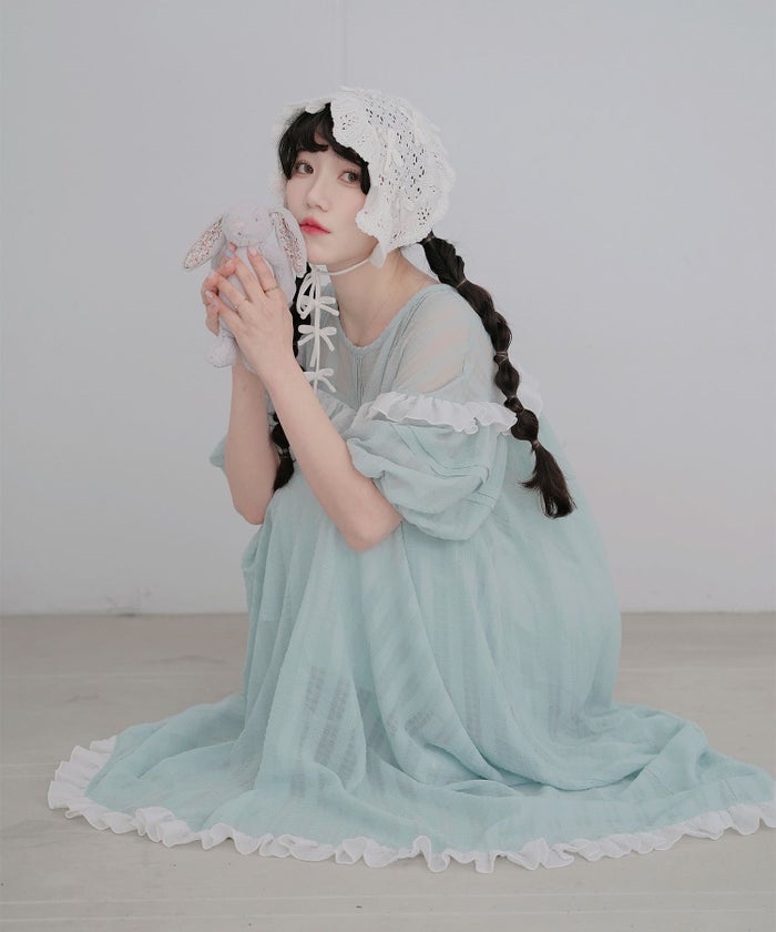 ギンガムチェック  ロング シアー フリル  ピンクベージュ/ブルーグリーン/M