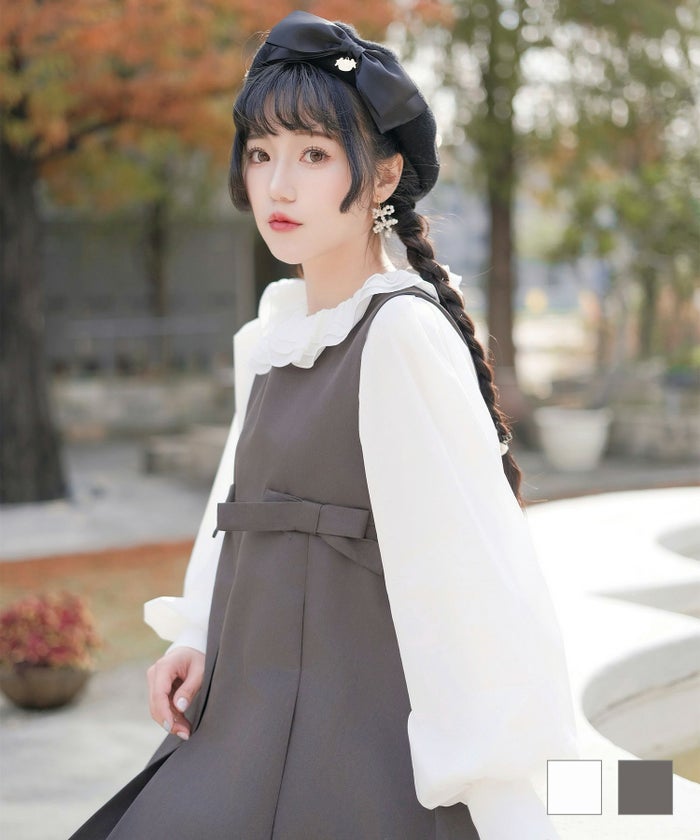 フリルカラー ボリュームスリーブ ドールライク レイヤード ホワイト チャコール M フリルカラー ボリューム袖 ブラウス miolite