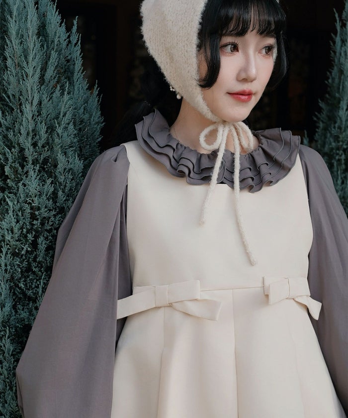 フリルカラー ボリュームスリーブ ドールライク レイヤード ホワイト/チャコール/M