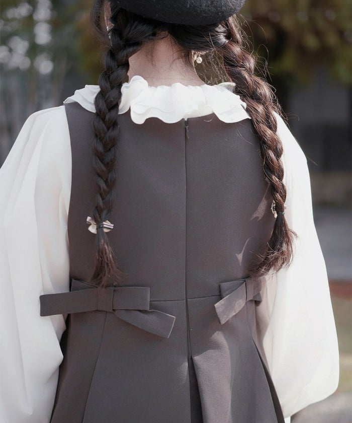 フリルカラー ボリュームスリーブ ドールライク レイヤード ホワイト/チャコール/M