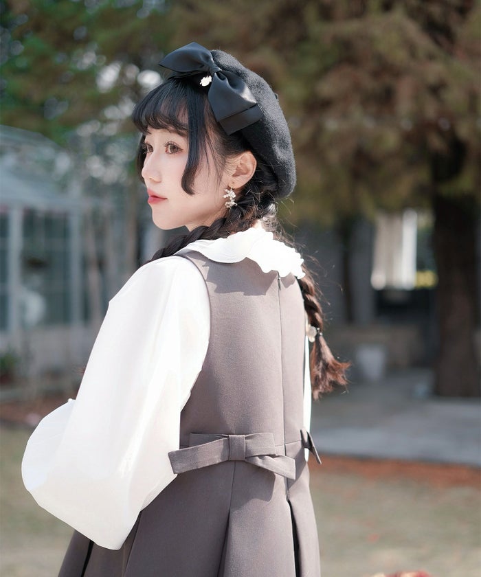 フリルカラー ボリュームスリーブ ドールライク レイヤード ホワイト/チャコール/M