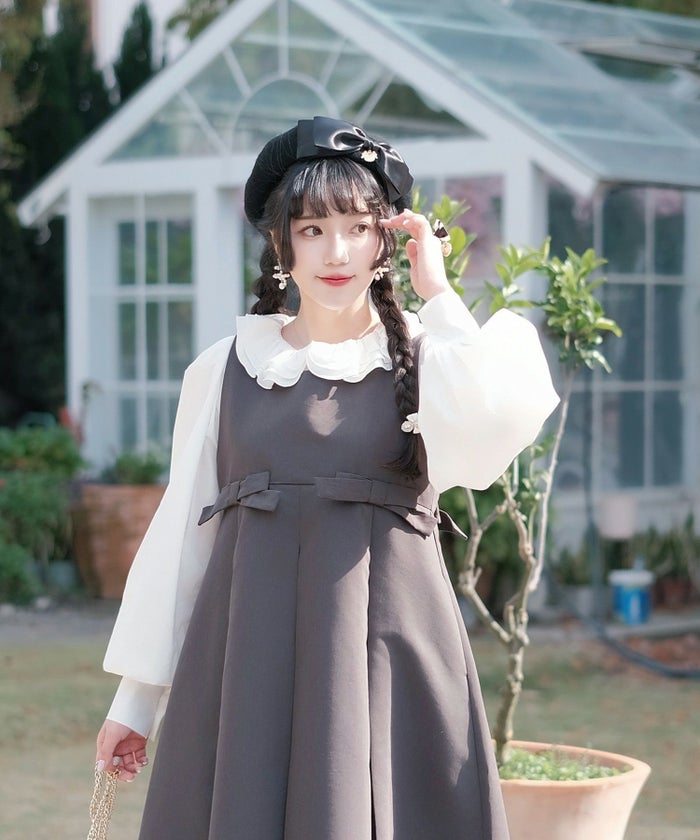 フリルカラー ボリュームスリーブ ドールライク レイヤード ホワイト/チャコール/M