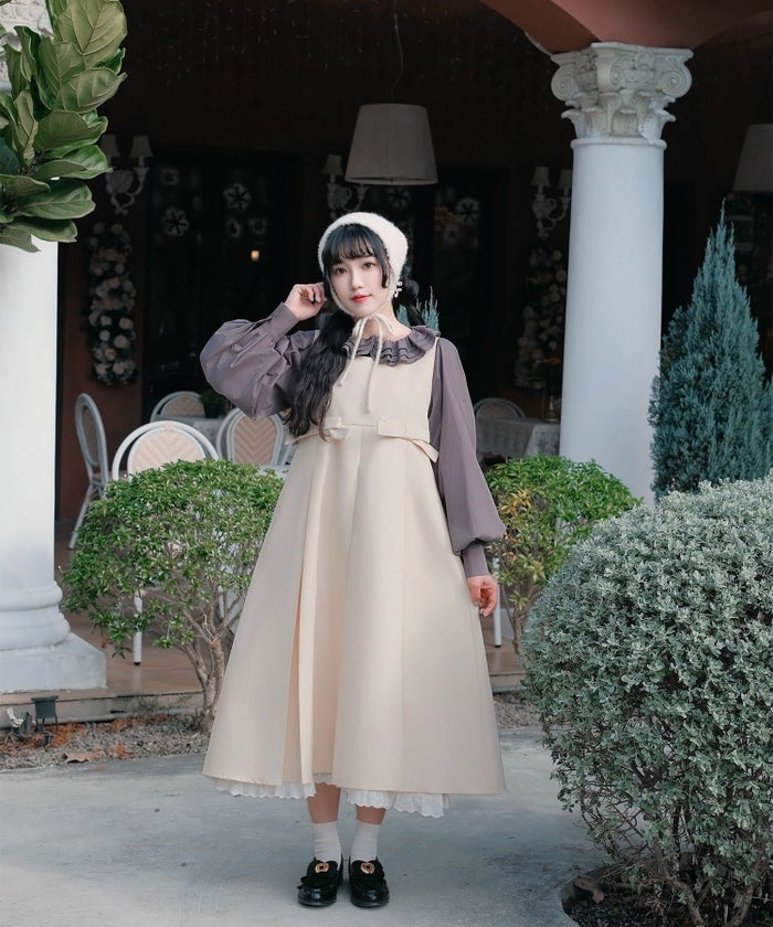 フリルカラー ボリュームスリーブ ドールライク レイヤード ホワイト/チャコール/M