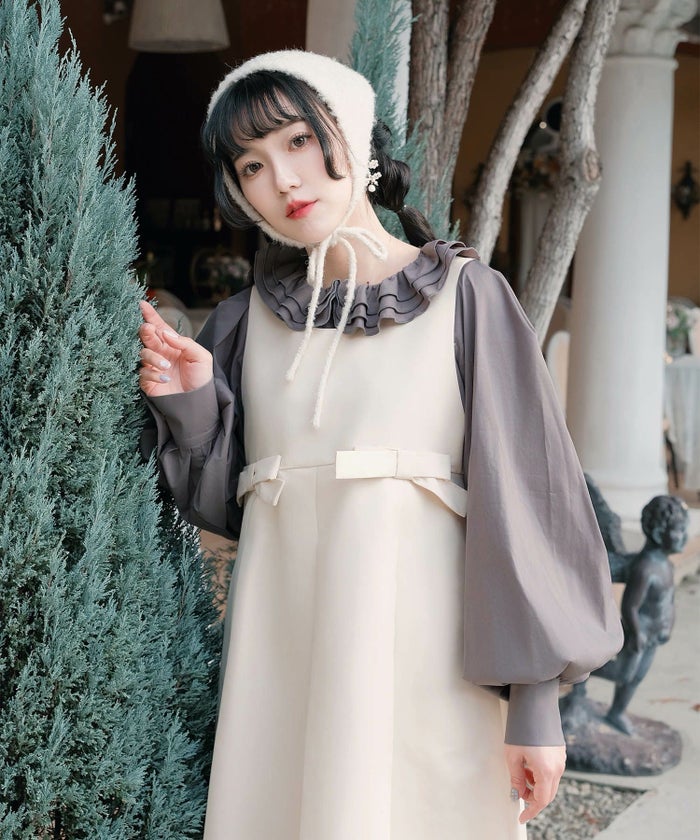 フリルカラー ボリュームスリーブ ドールライク レイヤード ホワイト/チャコール/M