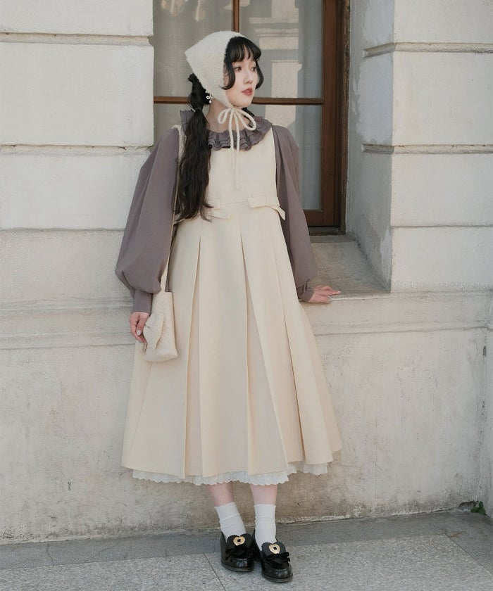 フリルカラー ボリュームスリーブ ドールライク レイヤード ホワイト/チャコール/M