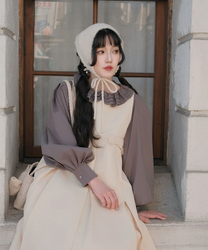 フリルカラー ボリュームスリーブ ドールライク レイヤード ホワイト/チャコール/M