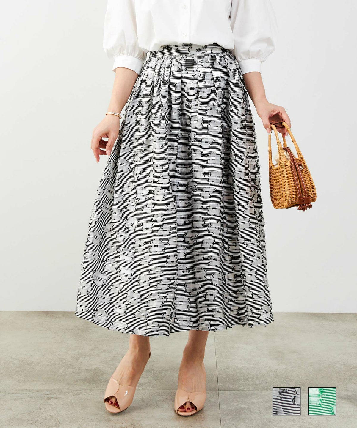 手洗い可おしゃれフェミニン上品エレガント大人可愛いきれいめ花柄フラワー春ジョイントスペース ボーダー ジャガード タック フレア スカート Liala×PG