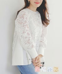 手洗い可 オケージョン オフィス 学校行事 おしゃれ フェミニン 透け感 涙開き カフス 上品 きれいめ 長袖 白 ジョイントスペース レース 切り替え フレア ブラウス Liala×PG