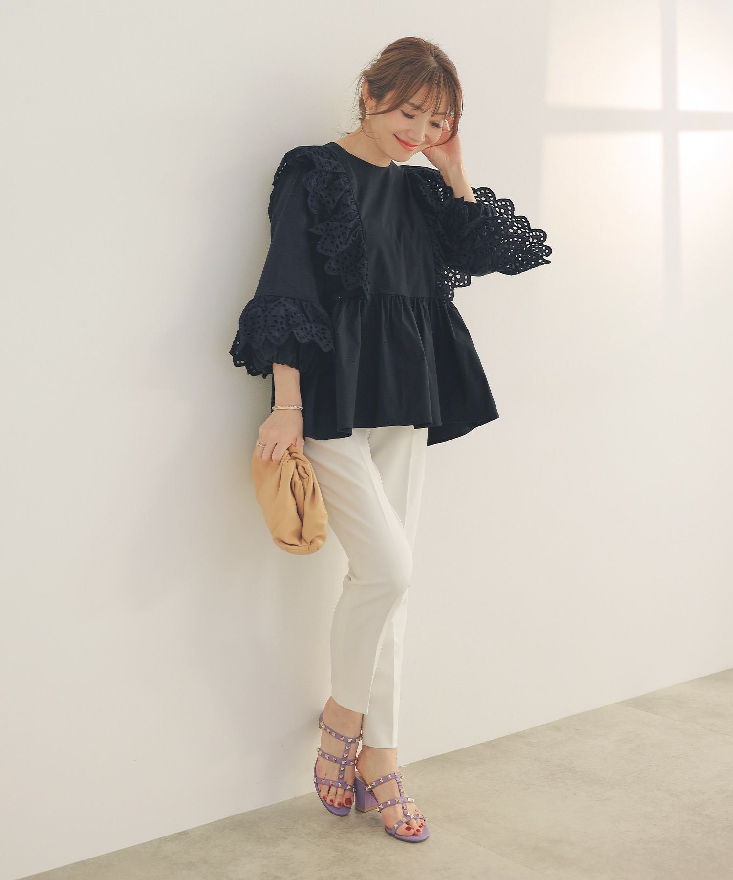 PRE-SUMMER-SALE コットンレース バルーンスリーブ ペプラム ブラウス