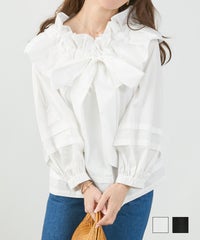 手洗い可 体型カバー オフィス おしゃれ フェミニン 上品 大人可愛い きれいめ 春 白 黒 ジョイントスペース フリル ボウタイ ブラウス Liala×PG