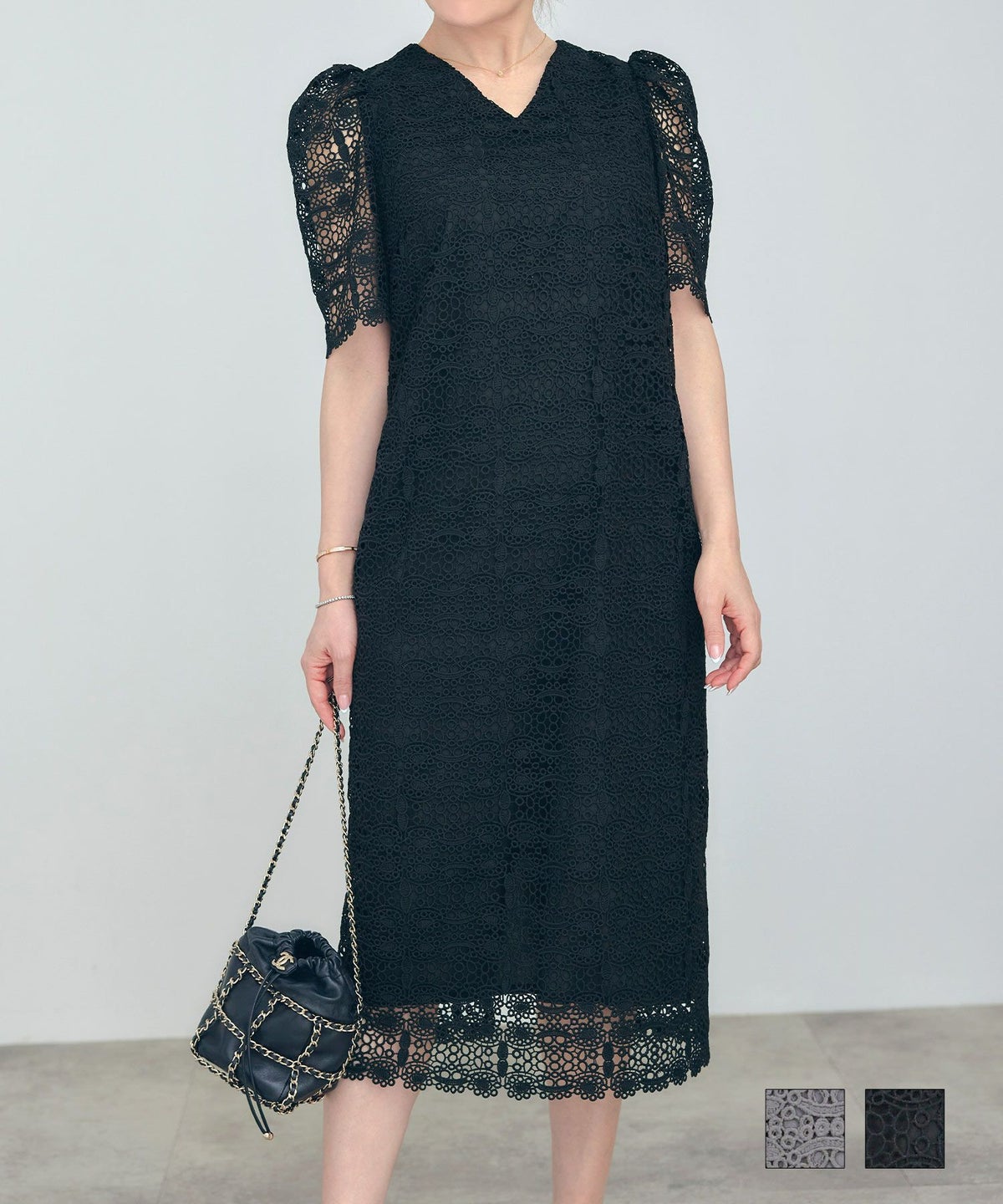 手洗い可体型カバーオケージョンセレモニーおしゃれフェミニン上品大人可愛いきれいめエレガント上品ジョイントスペース レース Vネック ワンピース Liala×PG