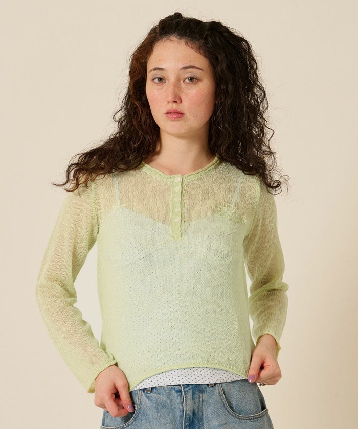 ニット/トップス/ヘンリーネック/シアー