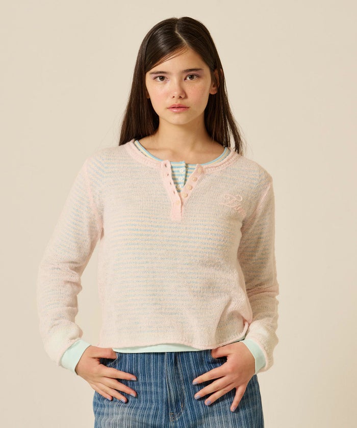 ニット/トップス/ヘンリーネック/シアー