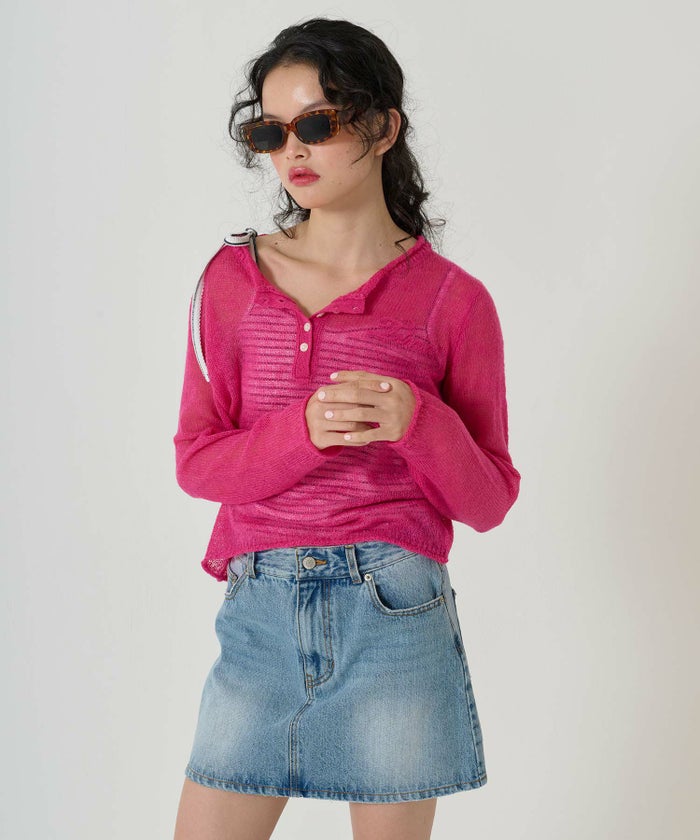 ニット/トップス/ヘンリーネック/シアー